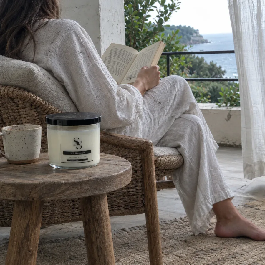 A Noir Botanique candle and a mug on a wooden table while a woman in linen reads on a terrace by the sea
